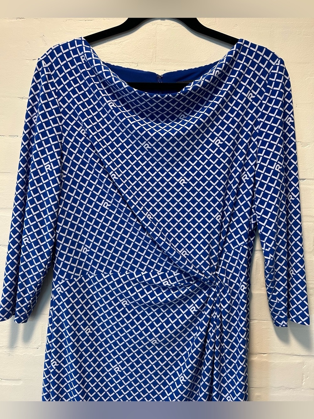Lauren Ralph Lauren Blue Logo Print Faux Wrap Sheath Dress Sz 12 Career Classic - Picture 4 of 8